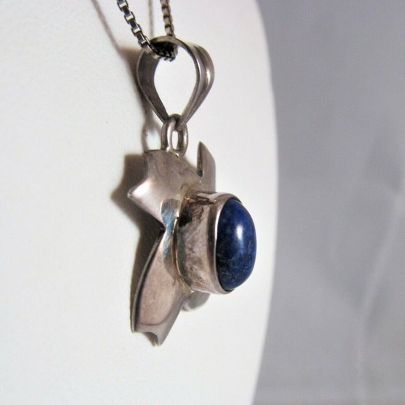 Sterling 925 Silver Lapis Lazuli Gemstone Abstract Pendant Necklace Vintage - Picture 6 of 9